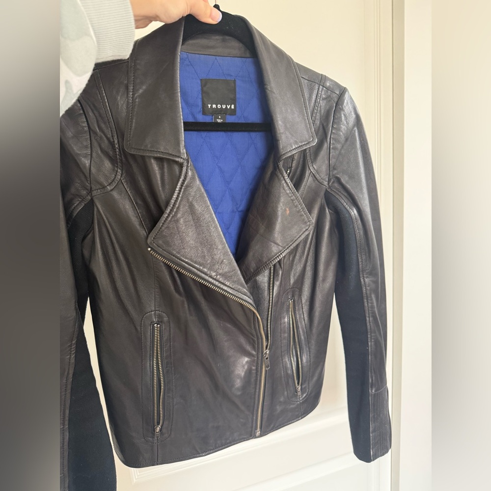 Trouve Black Leather Jacket with Blue Lining